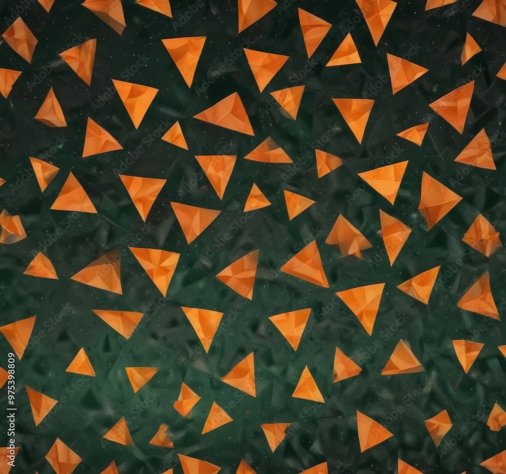 Poster a pattern of orange triangles scattered across a dark green background, creating a visually striking