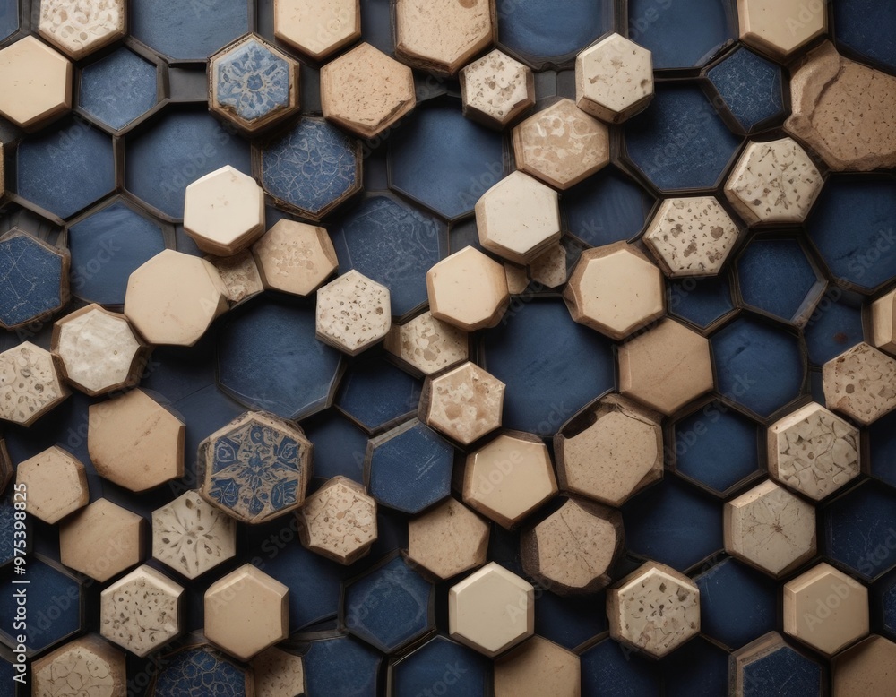 Poster a close-up view of a mosaic composed of various hexagonal tiles in shades of blue and beige, arrange