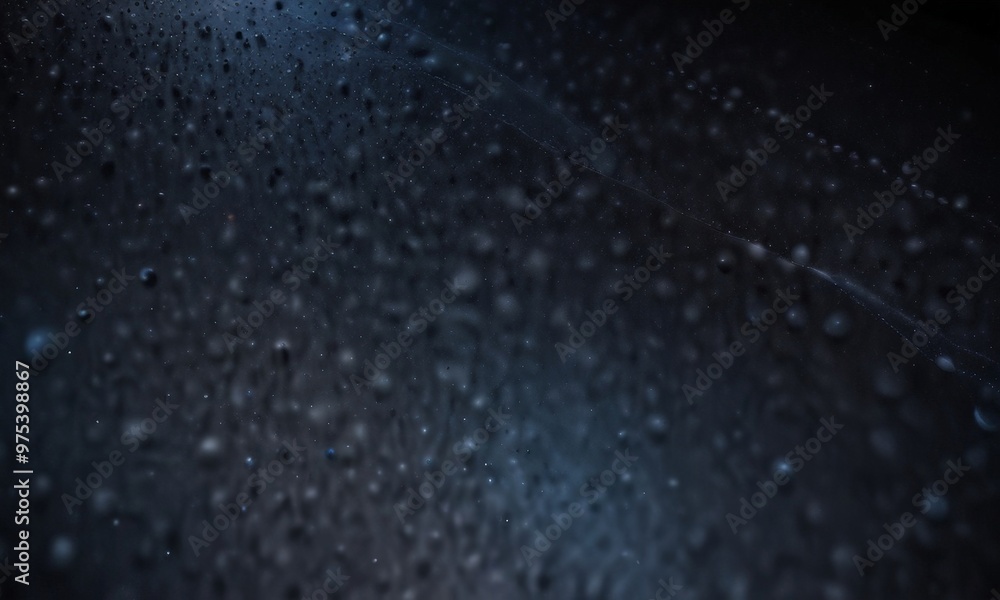 Poster a close-up view of a dark, wet surface with numerous water droplets scattered across it, creating a 