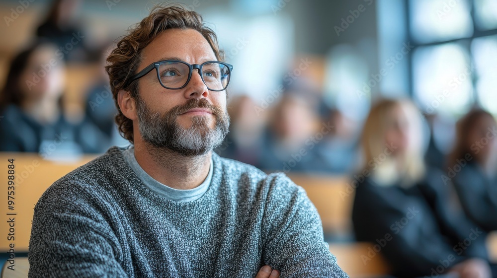 Poster thoughtful man engaged in discussion while attending a lecture in a university classroom during the 