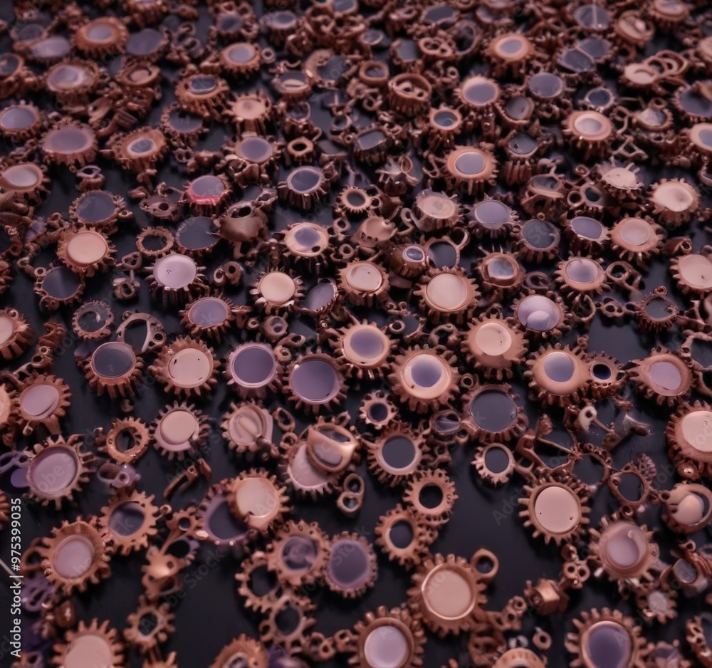 Poster a close-up view of a collection of small gears and cogs, arranged in a random pattern against a dark
