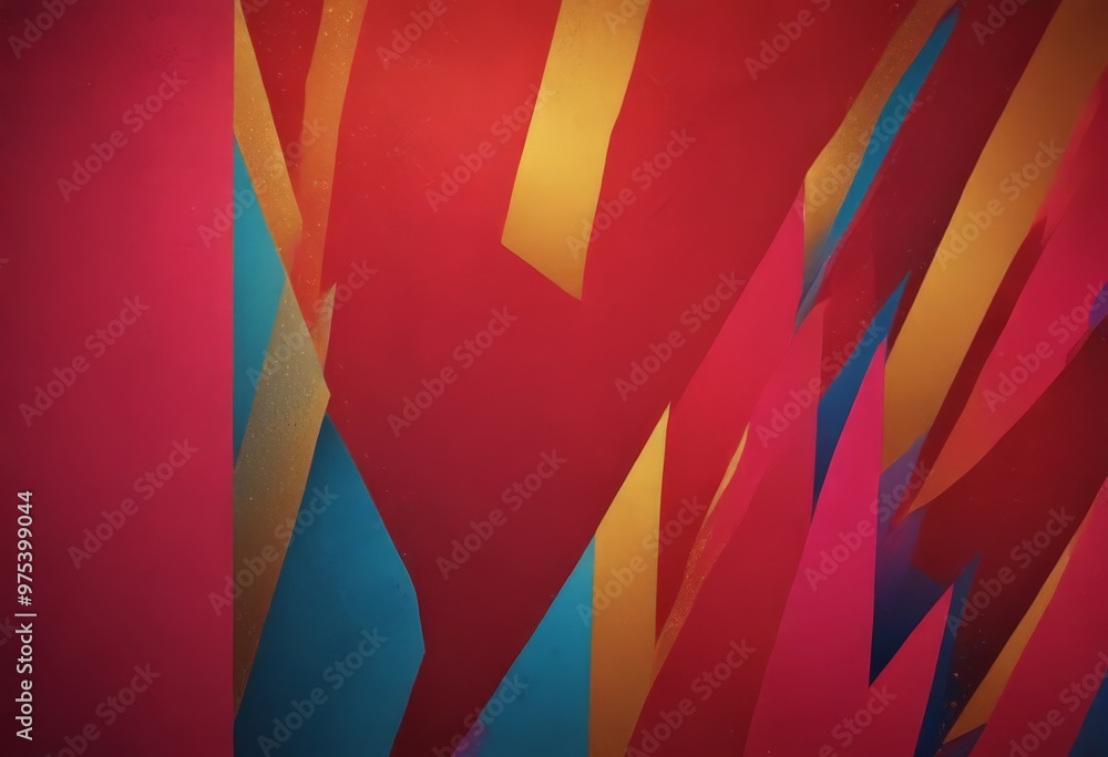 Poster a vibrant abstract composition of overlapping geometric shapes in red, yellow, and blue, creating a dynamic and visually striking pattern.