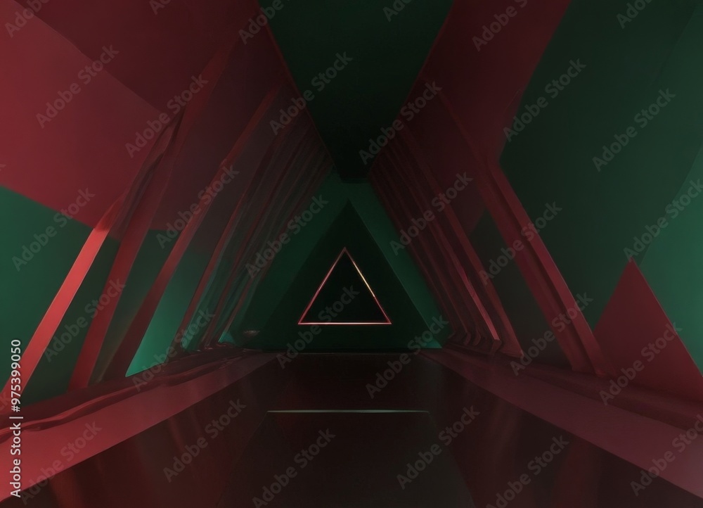 Poster a 3d of a long, narrow corridor with a triangular opening at the end, illuminated by a red light and