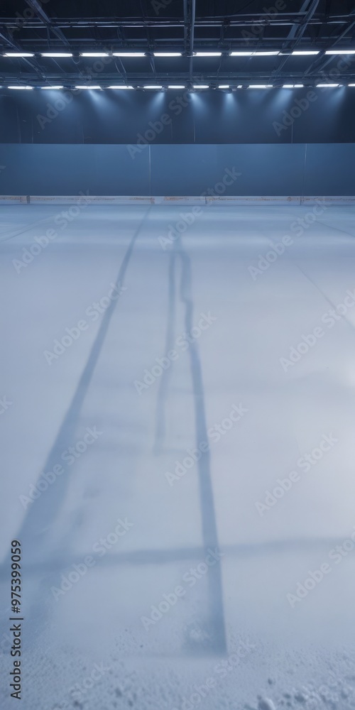 Poster an indoor ice rink with a long shadow cast on the ice surface, suggesting the presence of a person o