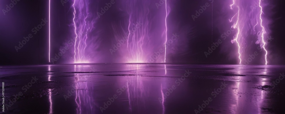Poster a dramatic scene of a lightning storm, with multiple bolts of lightning striking in a vertical forma