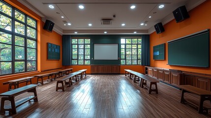 Bright and spacious classroom with wooden benches and large windows, perfect for learning and collaboration during daytime hours