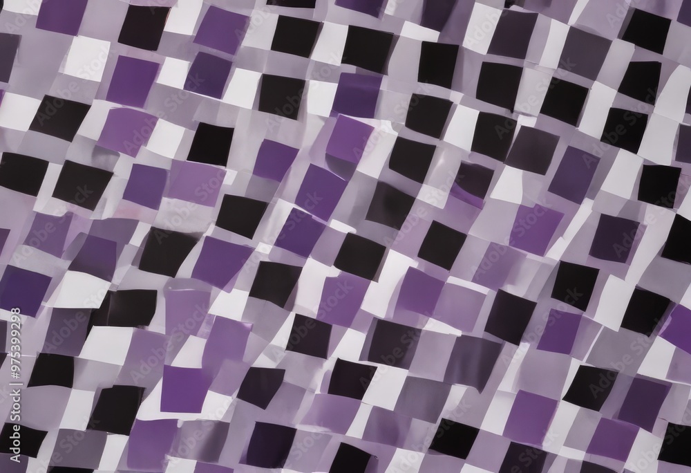 Poster a pattern of overlapping purple and black squares, creating a visually striking abstract design.