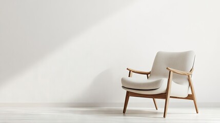 A Scandinavian-style lounge chair with clean lines and neutral tones, set against a minimalist white wall.