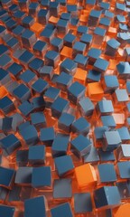 The image presents a 3D of a geometric pattern composed of numerous cubes in shades of blue and orange, arranged in a grid-like structure.