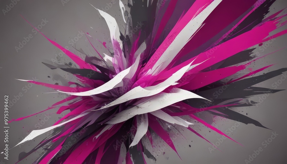 Poster a vibrant abstract composition of overlapping lines and shapes in shades of pink, white, and black, 