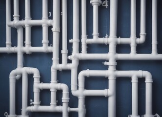 A complex network of white pipes, arranged in a grid-like pattern, is set against a dark blue background.