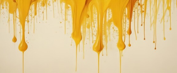 a close-up view of a yellow paint dripping down a white background, creating a dynamic and abstract visual effect.