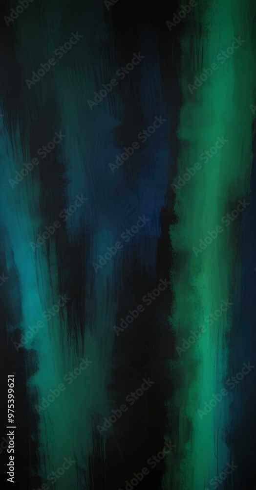 Poster a dark, abstract background with vertical stripes of green and blue paint, creating a sense of depth