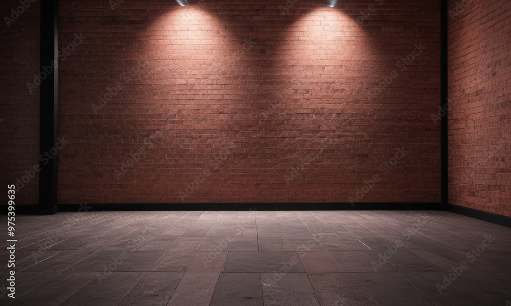 Poster a dimly lit room with a brick wall and two spotlights on either side, creating a sense of depth and 