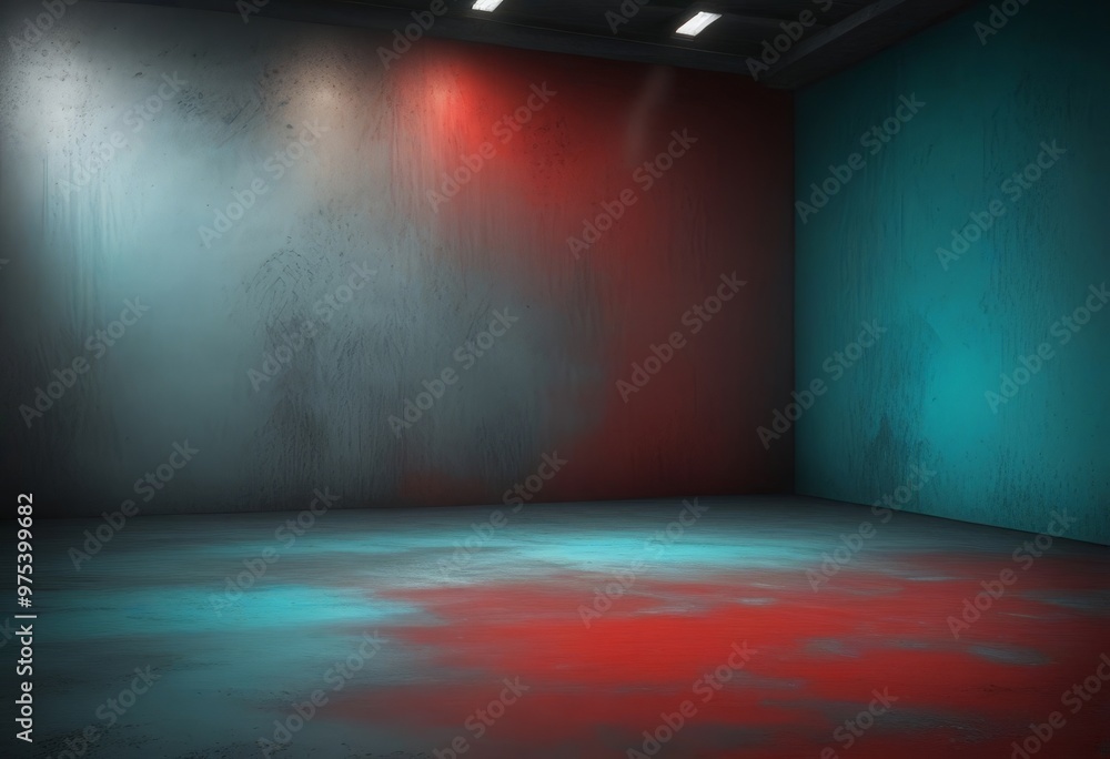 Poster a dimly lit, empty room with a concrete floor and walls painted in a combination of red and blue. th