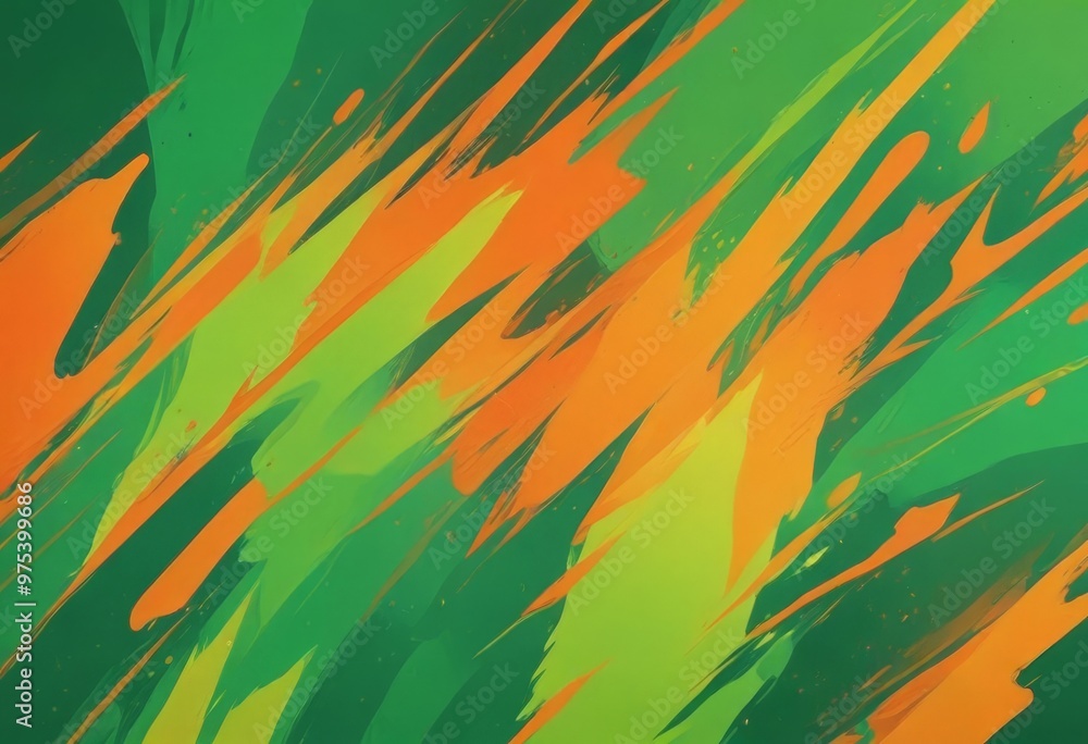 Poster a vibrant abstract composition with diagonal lines in various shades of green, orange, and yellow, c