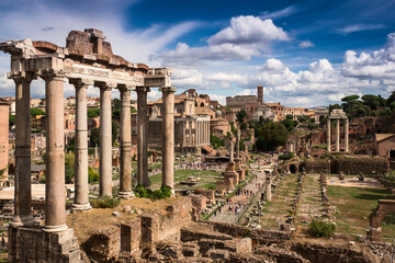 Panoramic view of the Roman Forum Foro Romano and Ruins of Septimius Severus Arch and Saturn Temple in Rome, Italy © mikhailberkut
