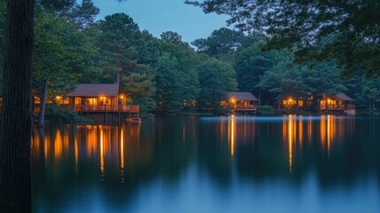Fototapeta premium A serene lake surrounded by trees at twilight, with soft lights from nearby cabins reflecting in the still water.