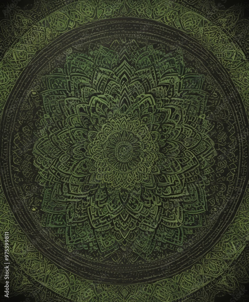 Poster a detailed mandala design with intricate patterns and a dark green color scheme.