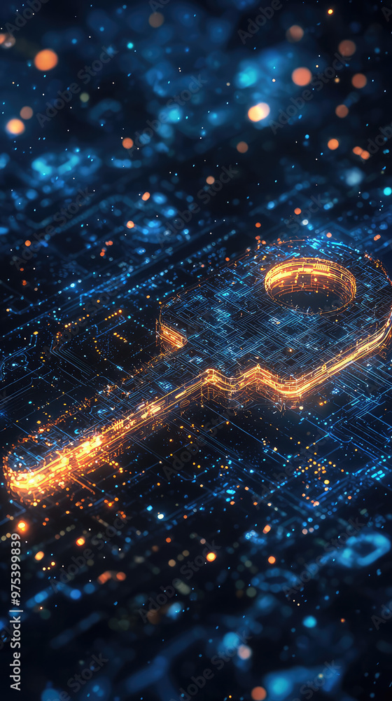 Poster a digital key floating in cyberspace symbolizes encryption and security in vibrant, high tech enviro