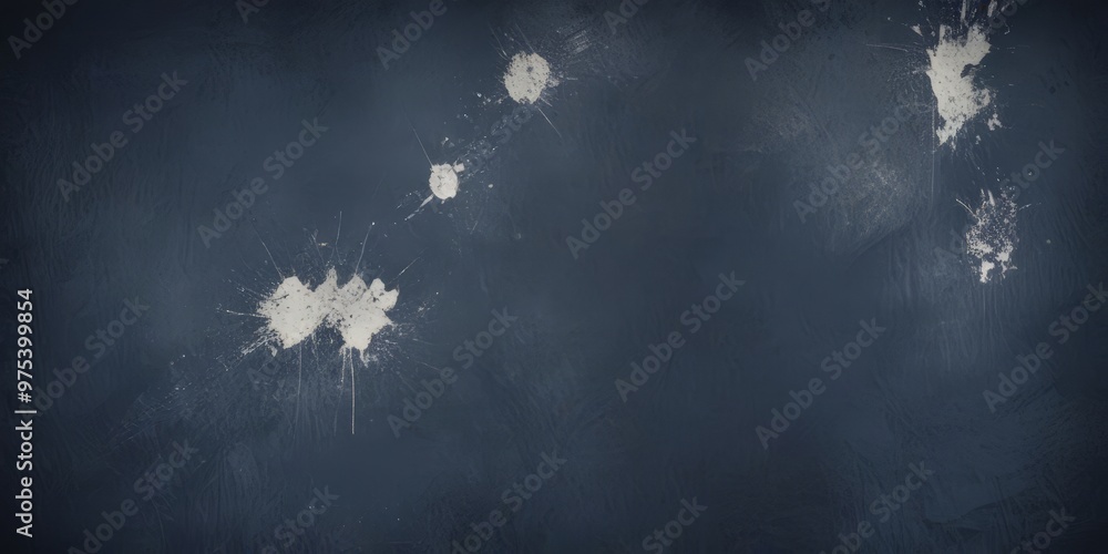 Poster a dark blue background with white splatters and stains scattered across it, creating a sense of rand