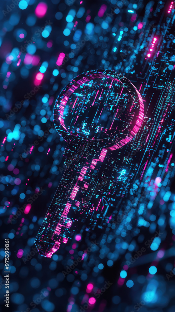 Poster a digital key floating in cyberspace symbolizes encryption and security in vibrant, futuristic envir