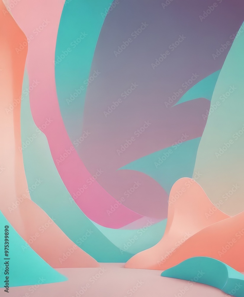 Poster the image presents a digital art piece featuring abstract shapes and colors in a pastel palette, wit