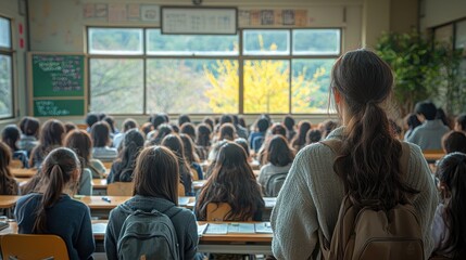 Fototapeta premium A student observes her classroom full of peers engaged in lessons at a school in autumn, with vibrant trees visible outside