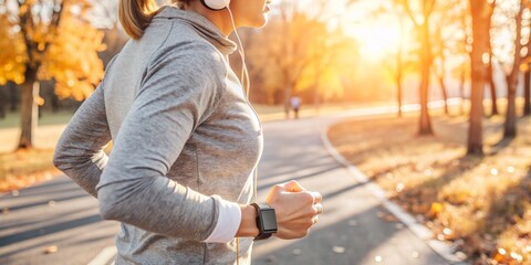 A woman runs on a road with a watch on her wrist