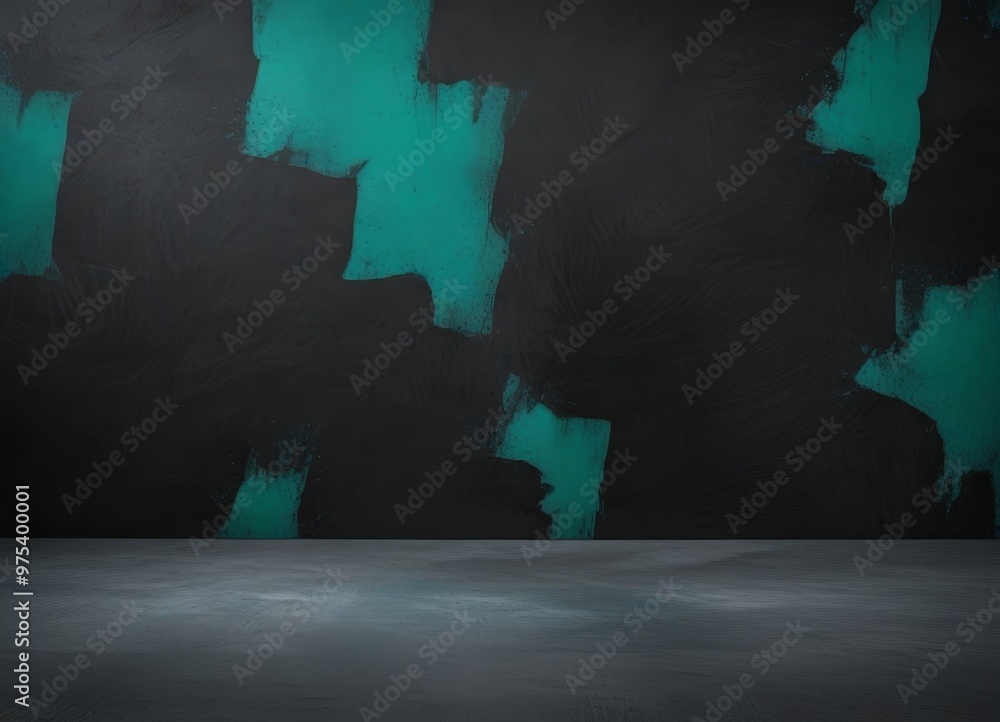 Poster a dark, textured wall with green paint splatters, creating an abstract and dynamic visual effect.