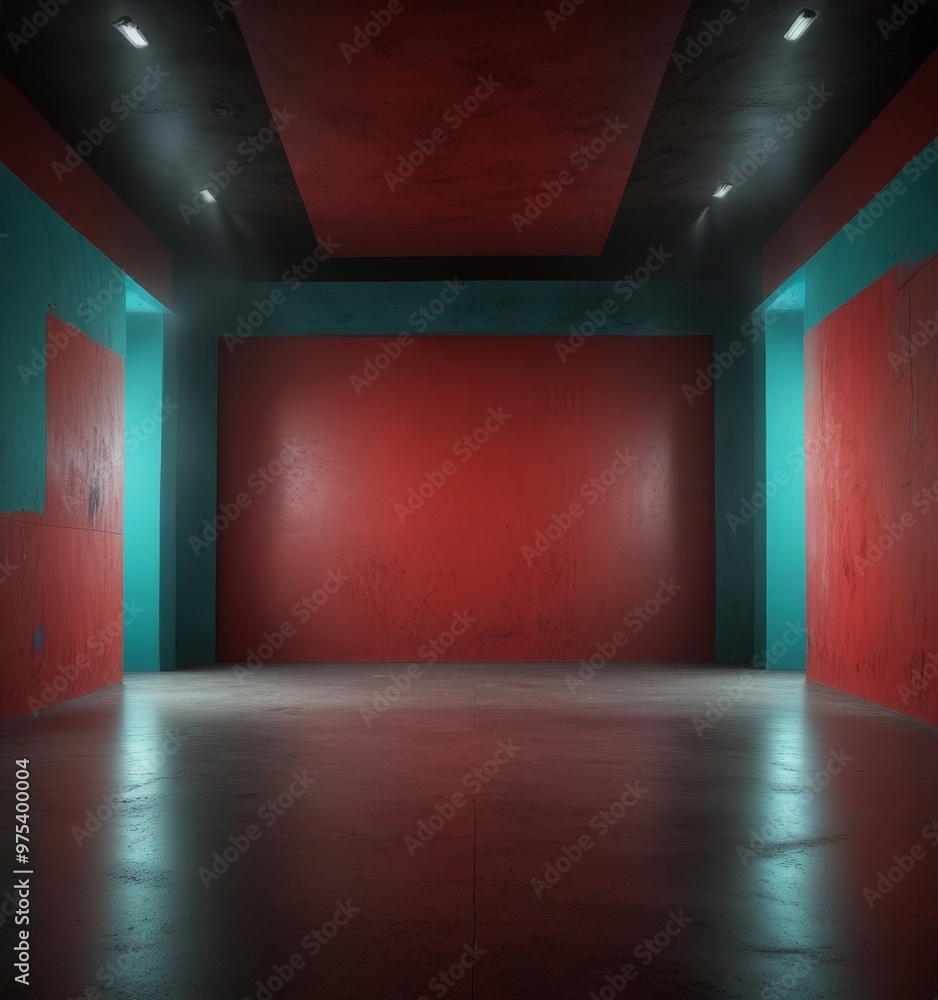 Poster a dimly lit, empty room with a red wall and a blue wall on either side, creating a sense of depth an