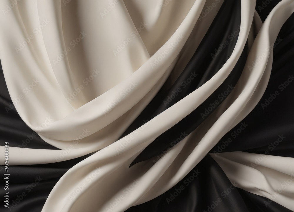 Poster a close-up view of a flowing, draped fabric with a black and white color scheme. the fabric appears 