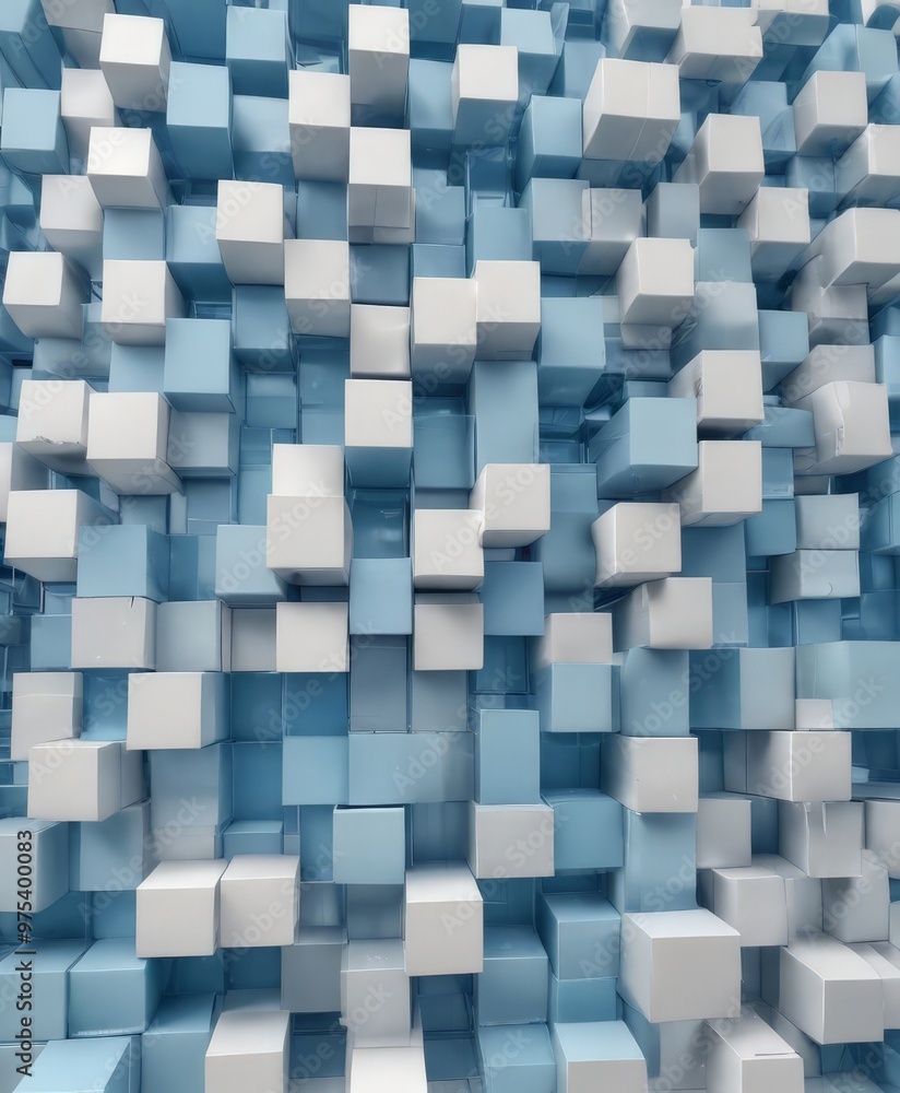 Poster a 3d of a pattern of white cubes arranged in a grid-like fashion, with varying shades of blue and gr