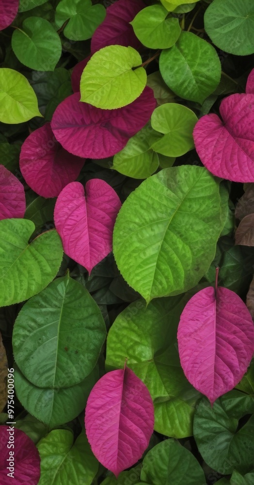 Poster a close-up view of a dense collection of leaves in various shades of green and pink, creating a vibr
