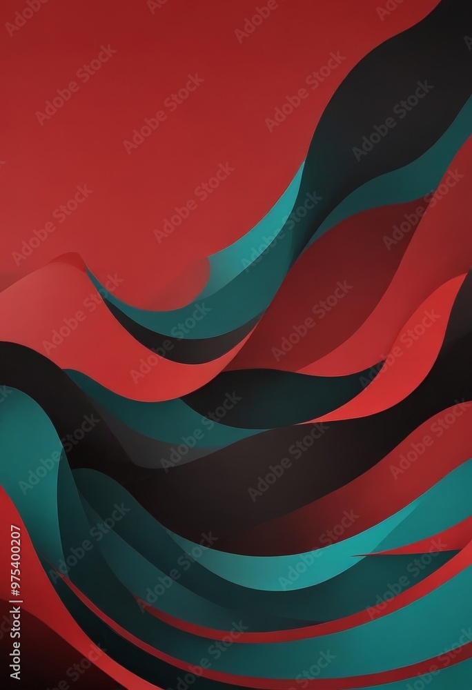 Poster a striking abstract composition of overlapping curved lines in shades of red, black, and teal, creating a dynamic and visually captivating pattern.