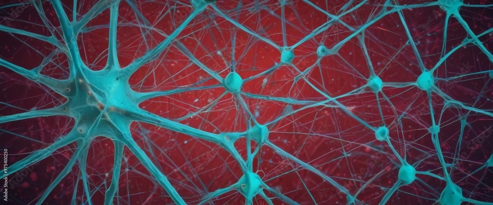Poster the image presents a close-up view of a complex network of interconnected brain cells, in a striking