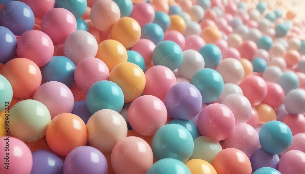 Poster a vibrant array of multicolored balls, ranging from pastel pink to bright blue, fills the frame, cre