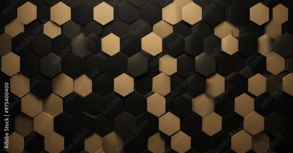 Poster a repeating pattern of black and gold hexagonal tiles arranged in a grid-like fashion against a dark