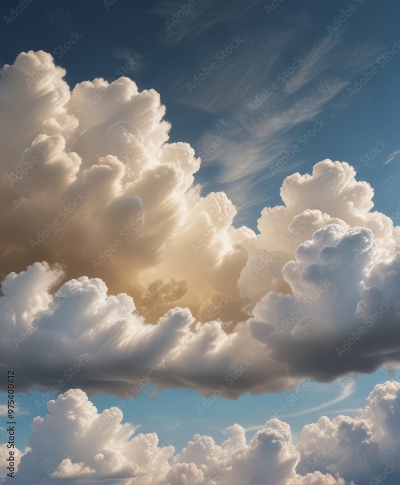 Poster a captivating image of a sky filled with fluffy white clouds, with a few darker clouds visible in th