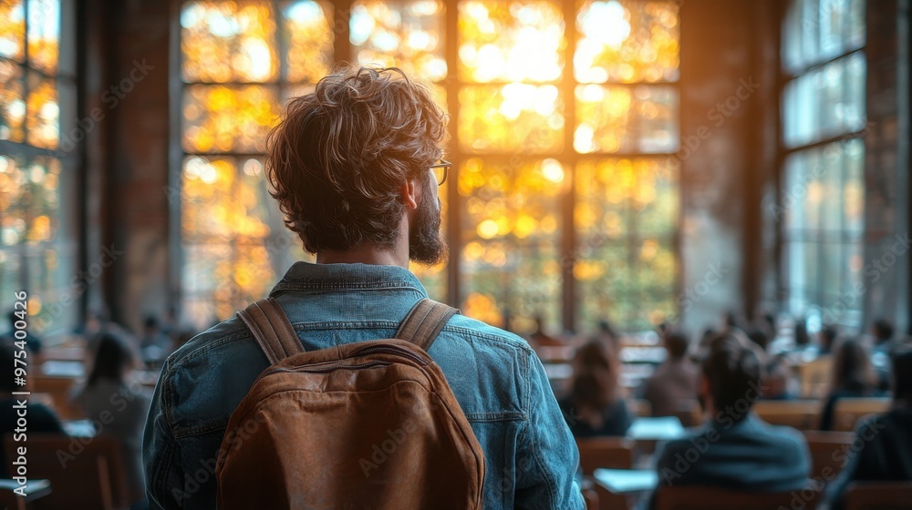 Poster student watches a lecture as sunlight filters through large windows in a classroom setting during la