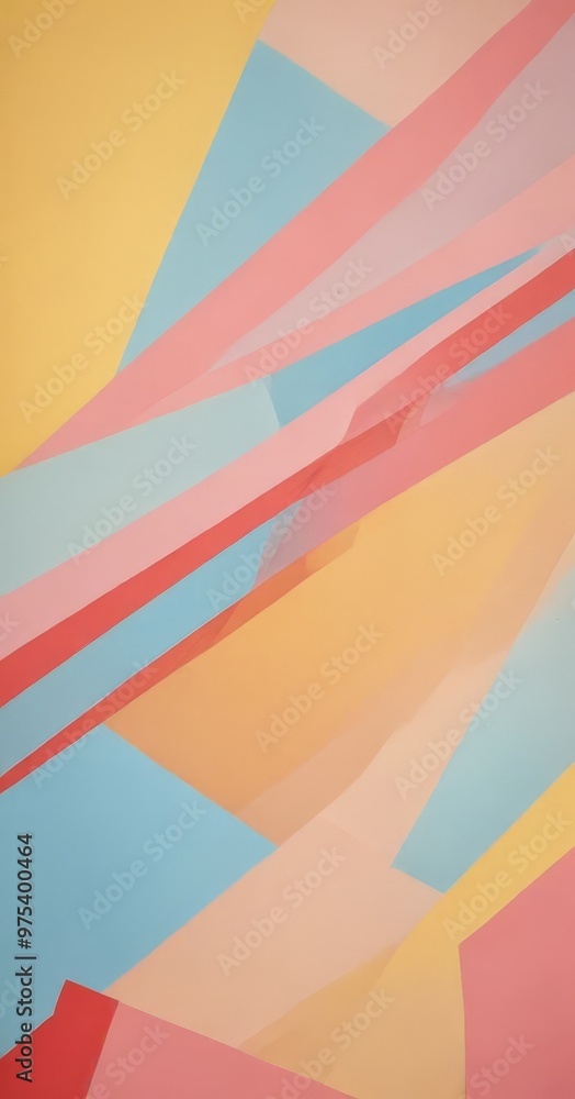 Poster the image is an abstract composition featuring overlapping geometric shapes in various pastel colors