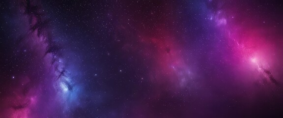 Fototapeta premium The image presents a cosmic scene with a deep purple nebula, a bright pink nebula, and a blue nebula, all set against a dark blue backdrop.