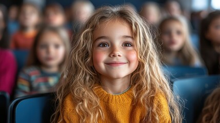 Fototapeta premium Young girl with curly hair smiles brightly during a classroom event with her peers in the background at a school auditorium
