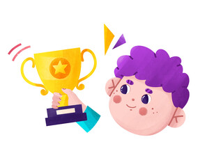 Smiling boy holding a victory cup