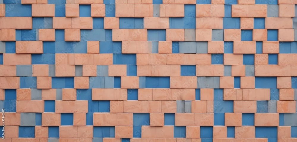 Poster a close-up view of a wall composed of rectangular tiles in shades of blue and orange, arranged in a 