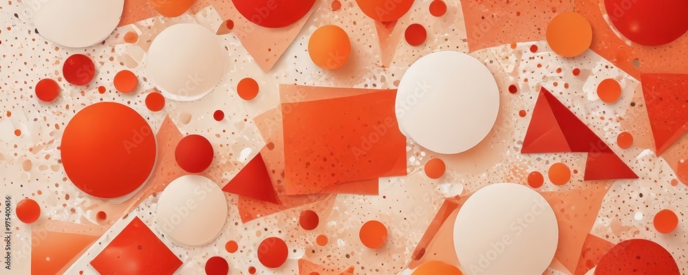 Poster a vibrant abstract composition of overlapping circles, triangles, and rectangles in shades of red, o
