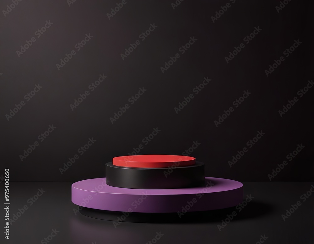 Poster a 3d of a platform with a red and black circular base, set against a dark background.