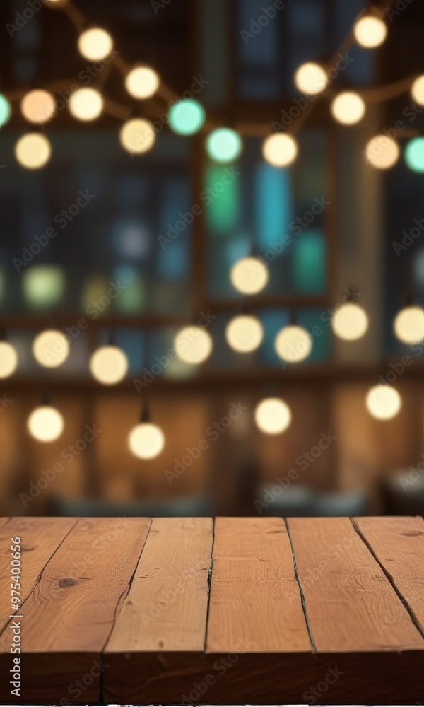 Poster a wooden table with a blurred background of string lights and a blurred window.