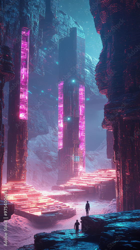 Poster a stunning futuristic temple with glowing architecture and floating elements, surrounded by towering
