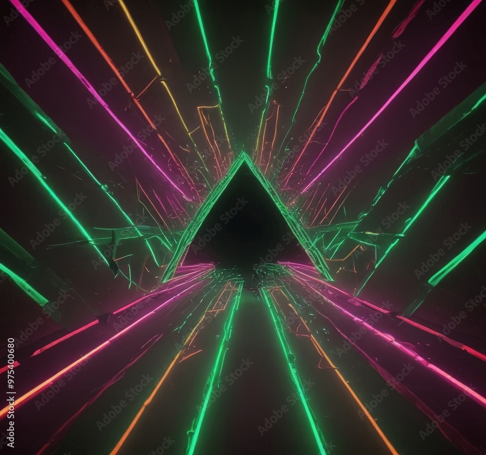 Poster a digital illustration of a neon tunnel with a triangular opening at the center, surrounded by radia